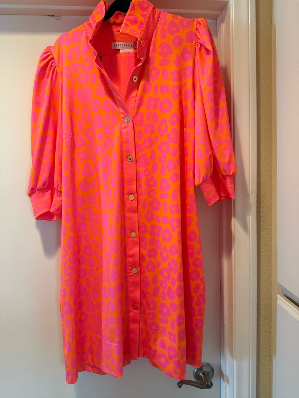 Gretchen Scott Designs Neon Pink and Orange Leopard button front Dress NWT